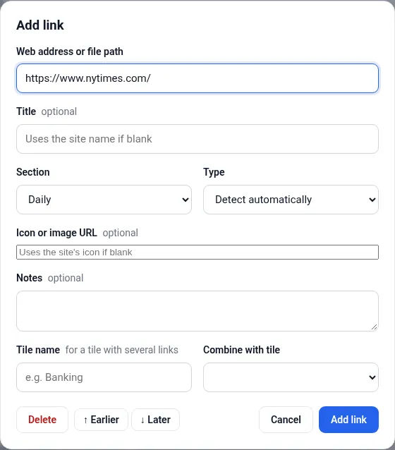 The Add link dialog with address, title, section and type fields