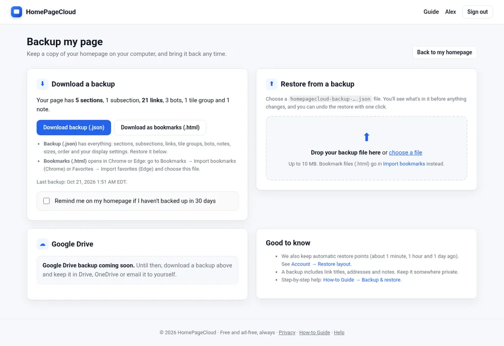 The Backup my page screen with download, restore and Google Drive cards