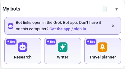 A “My bots” section with three bot tiles