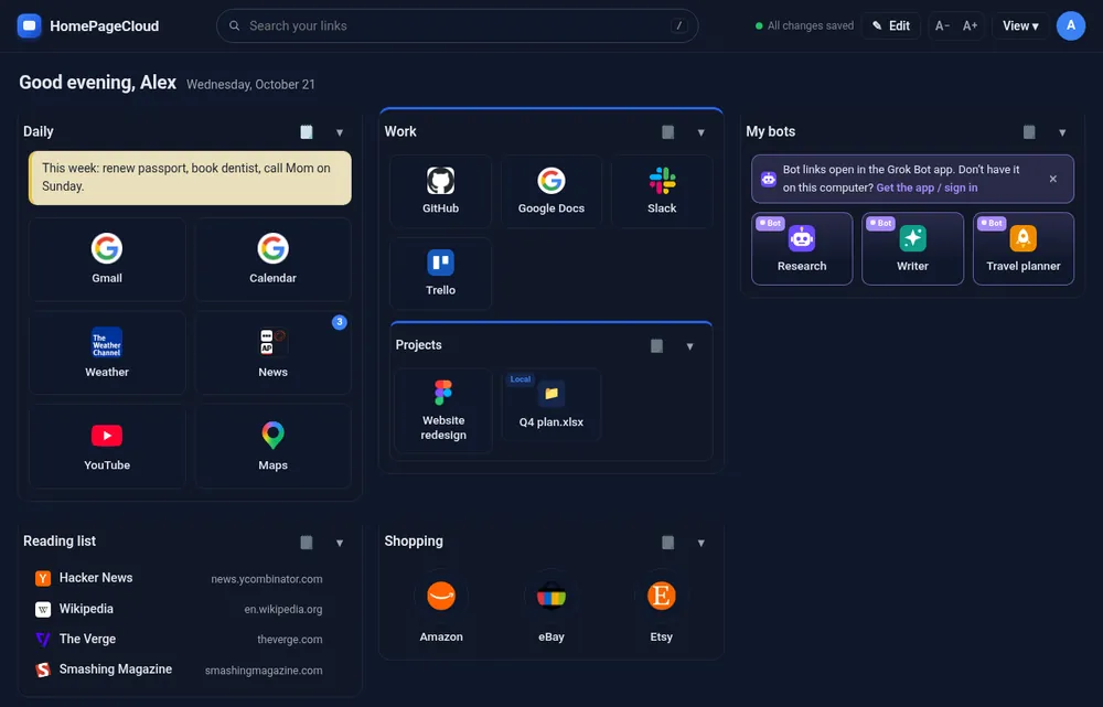 The homepage in the dark theme