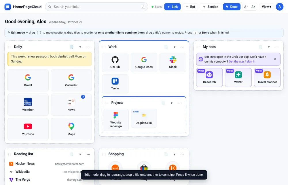 Edit mode with add buttons, drag handles and edit buttons on every tile