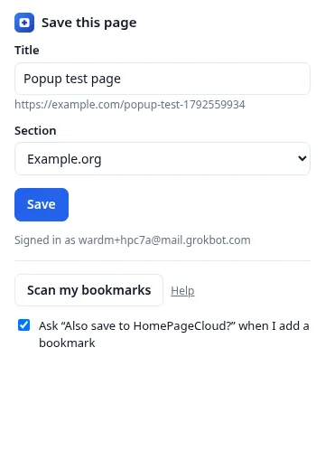 The browser extension popup saving the current page