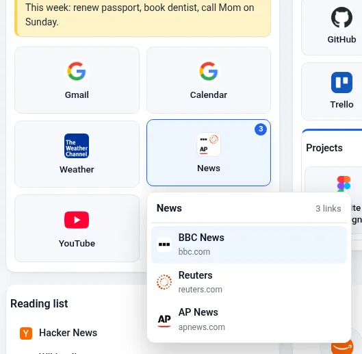 A “News” group tile open, showing BBC News, Reuters and AP News