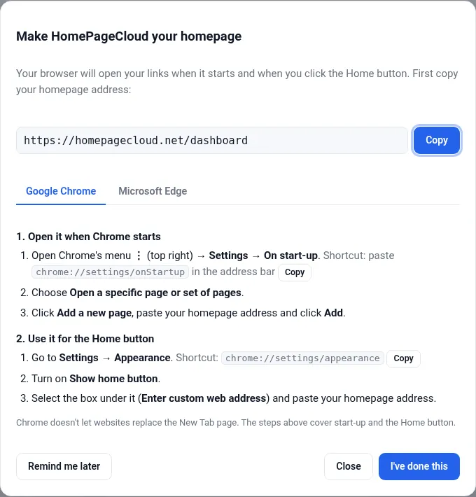 Step-by-step instructions for setting the homepage in Chrome and Edge