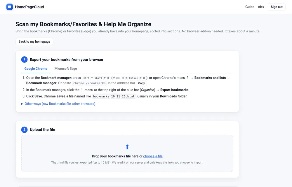 The import page with steps to export and upload bookmarks