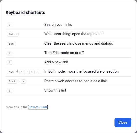 The keyboard shortcuts dialog