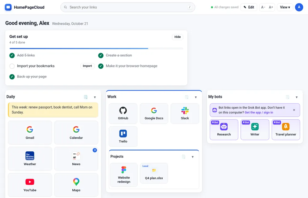 The HomePageCloud homepage with a greeting, a set-up checklist and sections of link tiles