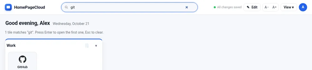 Searching for “git” leaves only the GitHub tile visible
