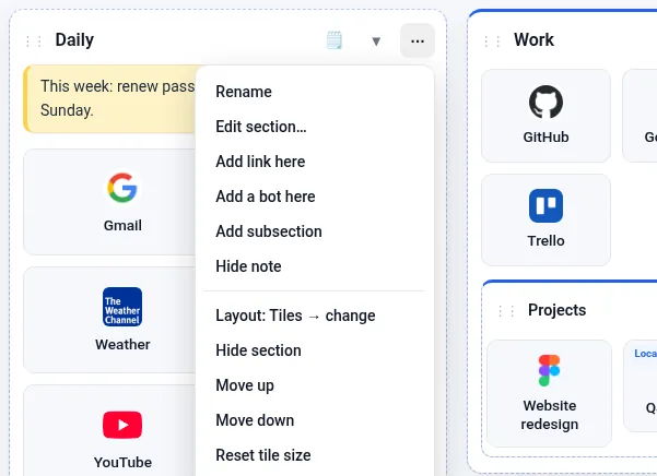 A section menu with Rename, Add link, Add subsection, Layout and Move options