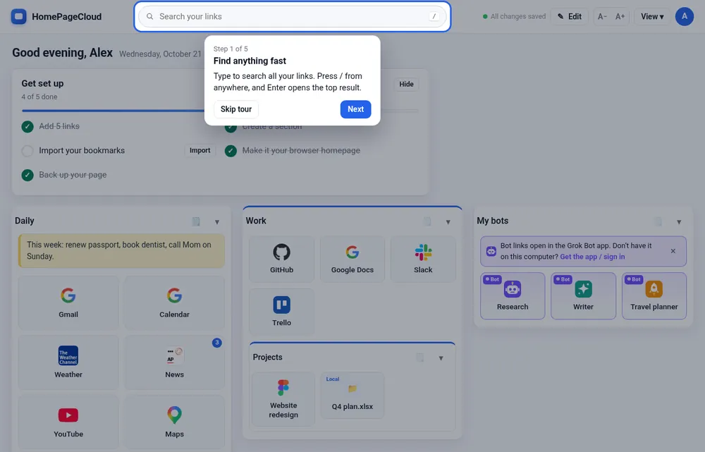 The quick tour highlighting the search box