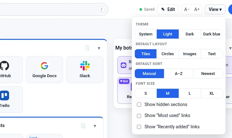 The View menu with theme, layout, sort and text size options